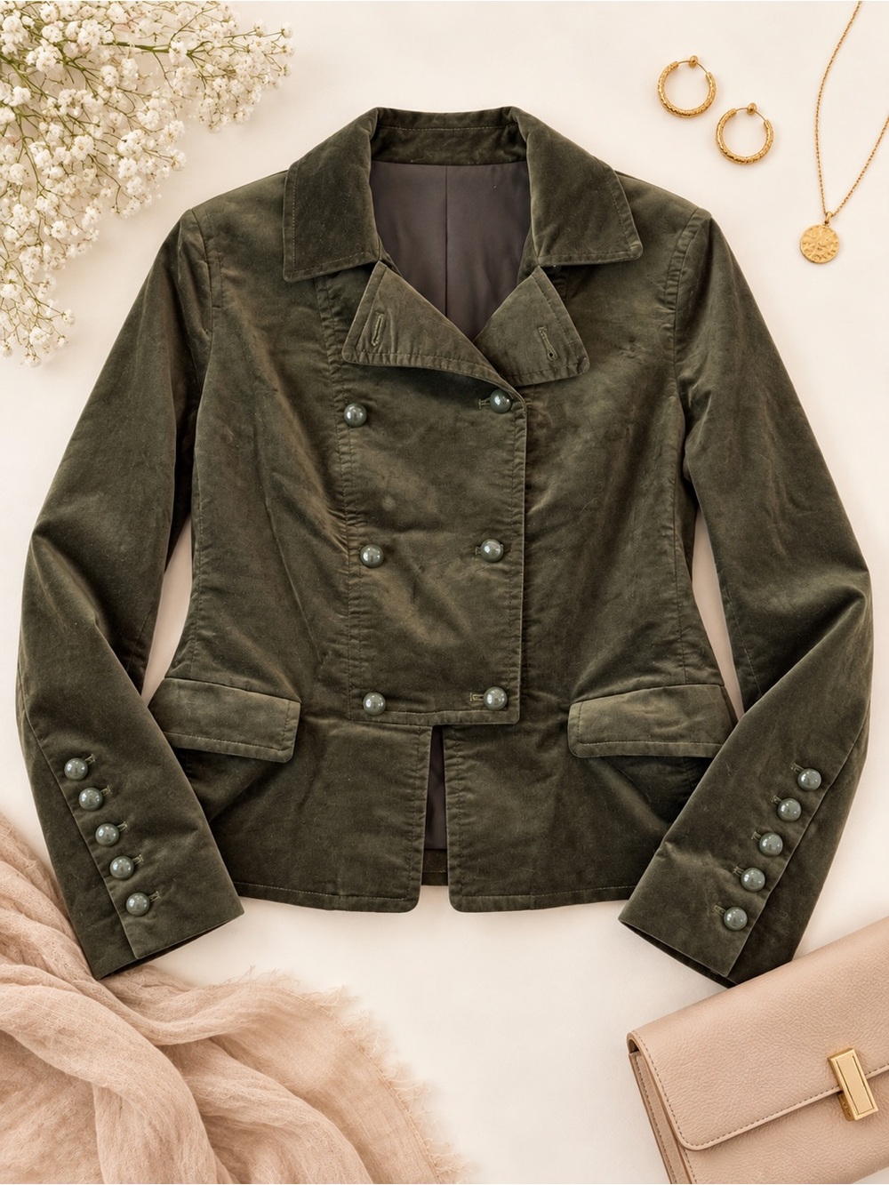 Talbots Olive Green Velvet Double Breasted Blazer Jacket Military Quiet Luxury